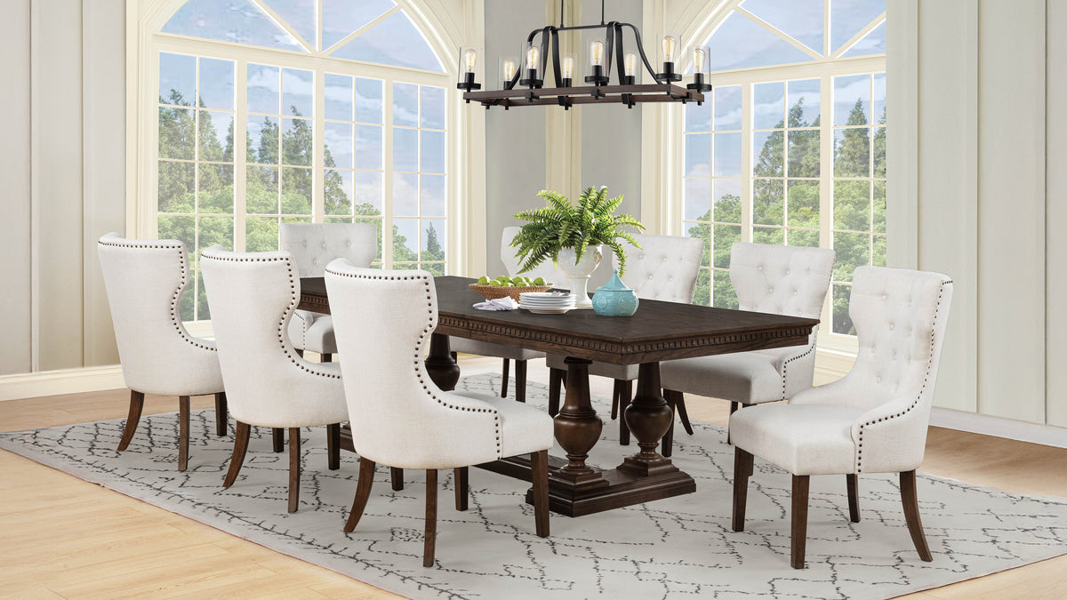 Ridgewell 9-piece Rectangular Trestle Dining Set Dark Oak and Beige