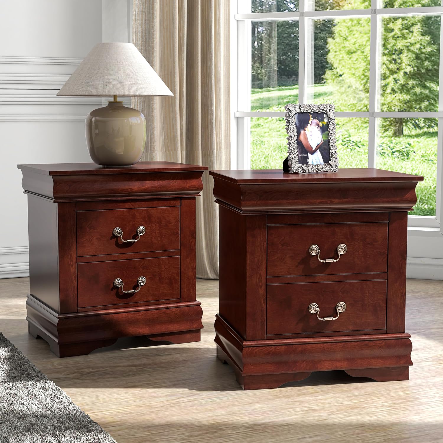 Louis Phillipe Wood 2-Drawer Nightstand in Cherry (Set of 2)