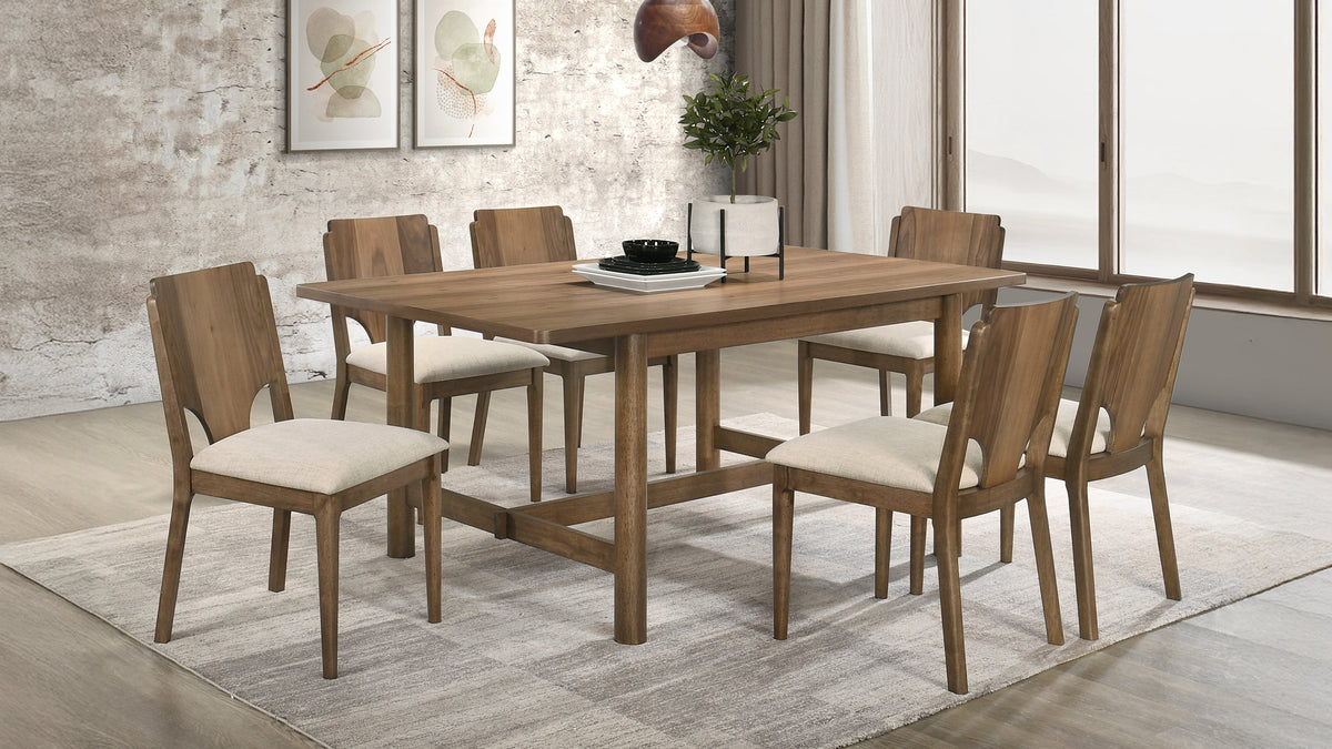 Crestmore 7-piece 71-inch Rectangular Trestle Dining Set Walnut and Beige
