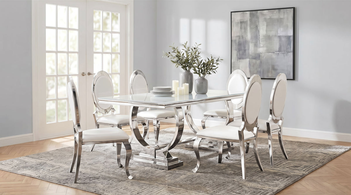 Antoine 7-piece Rectangular Glass Top Dining Set White and Chrome