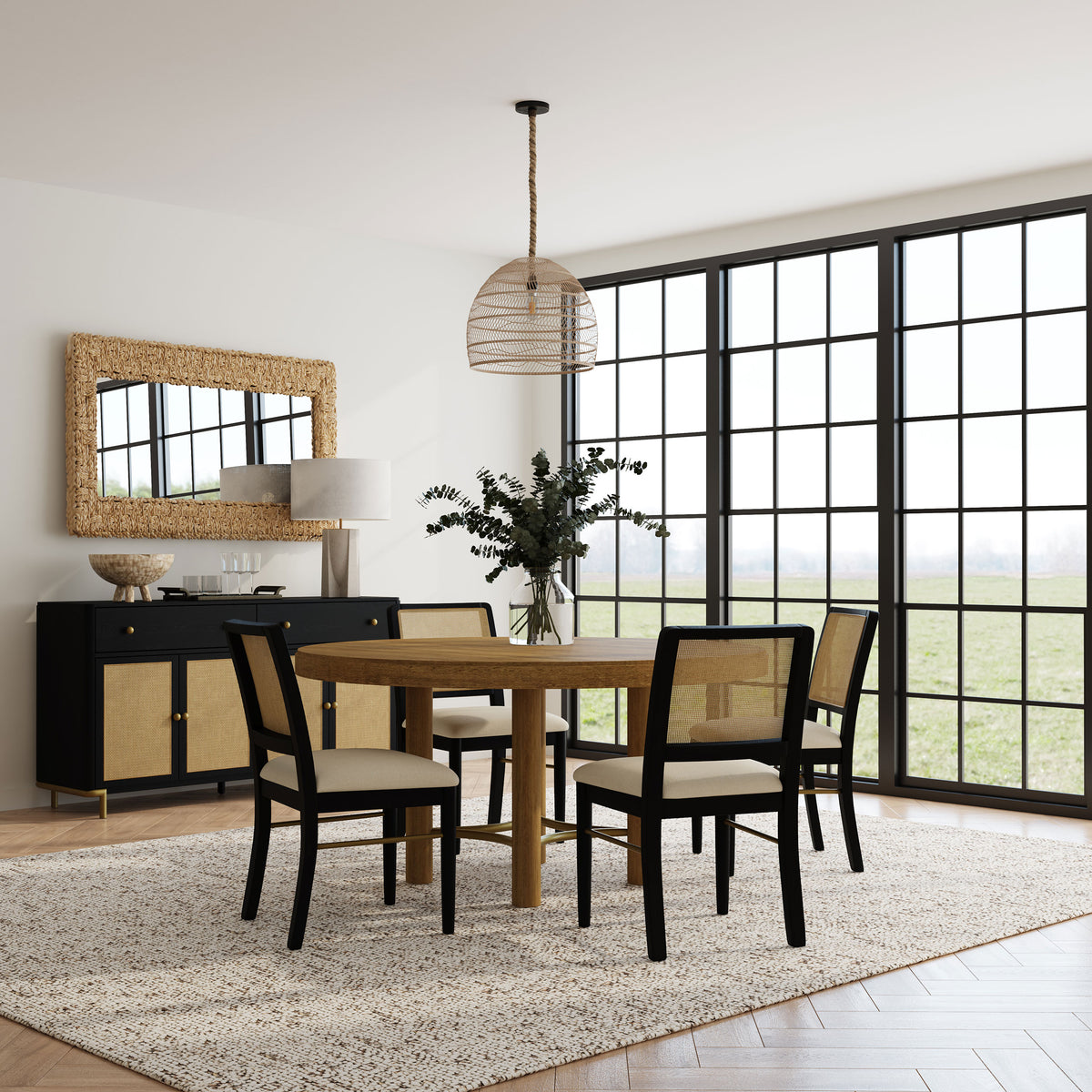 Arini 5-piece Round Dining Set with Black Chairs Sand Wash and Black
