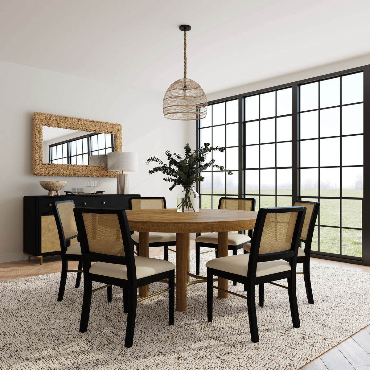 Arini 7-piece Round Dining Set with Black Chairs Sand Wash and Black