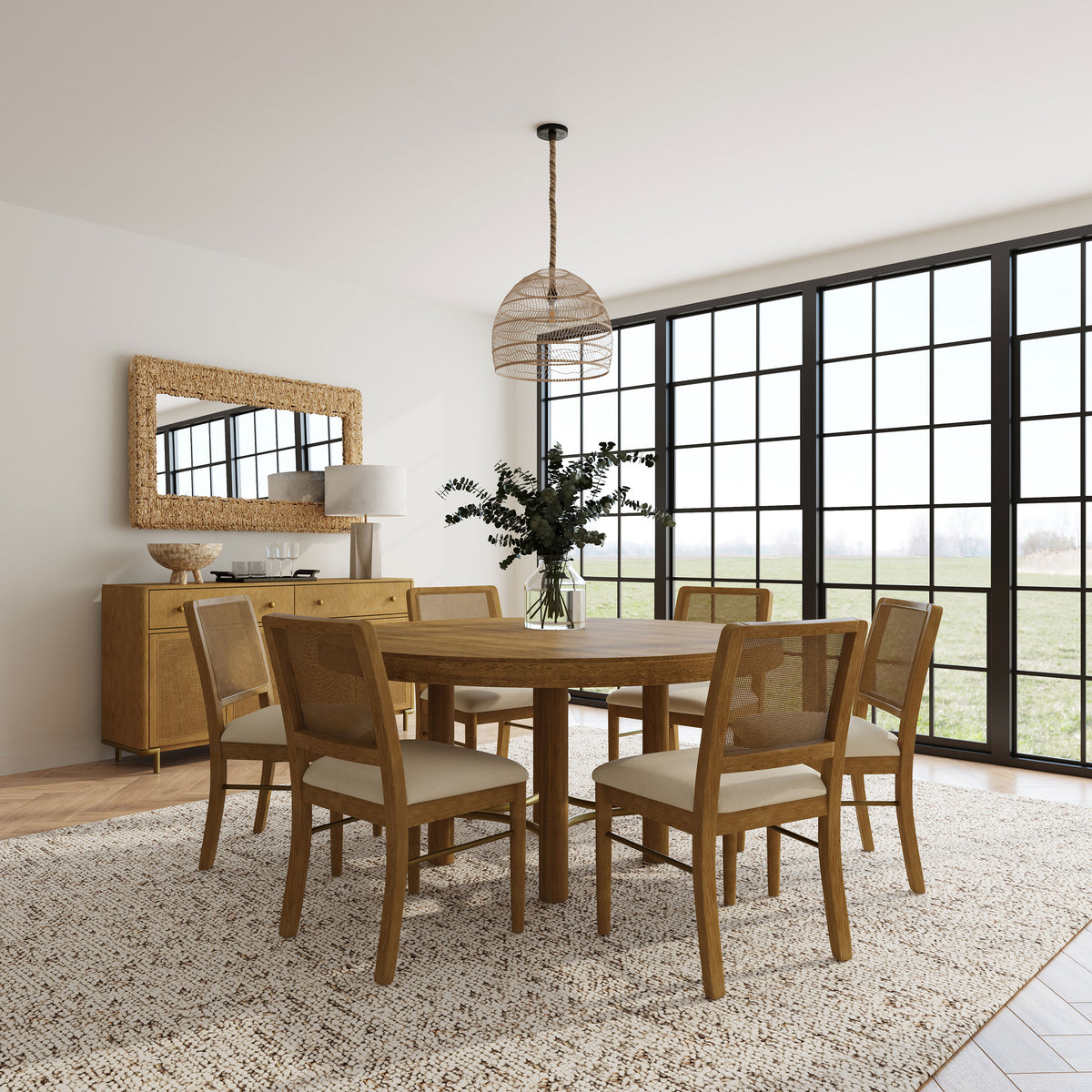 Arini 7-piece Round Dining Set Sand Wash and Cream