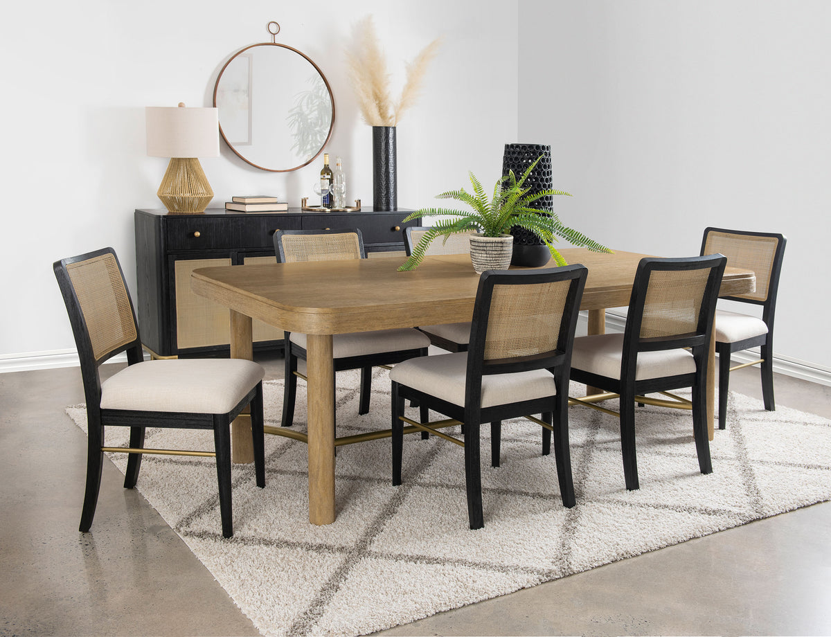 Arini 7-piece Rectangular Extension Dining Set with Black Chairs Sand Wash and Black