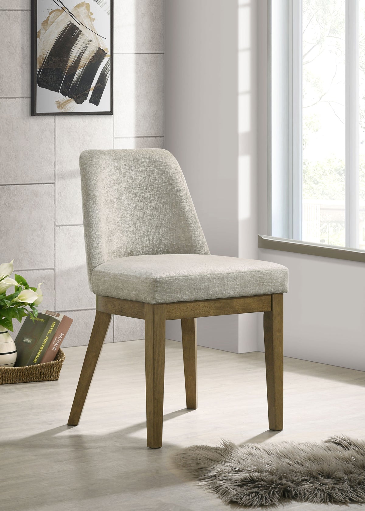 Castlewood Chenille Upholstered Dining Side Chairs (Set of 2) Light Tan and Brown Oak