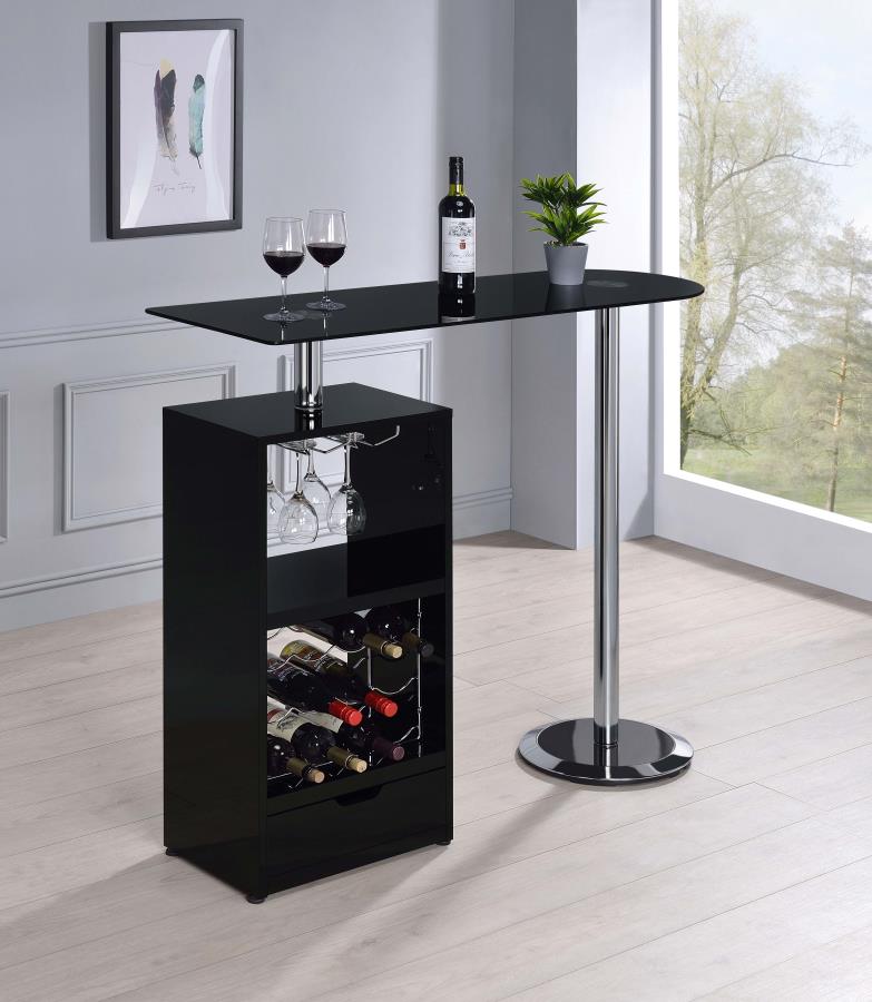 Coaster Modern Black Bar Table with Wine Bottle Storage and Glass Top 120451