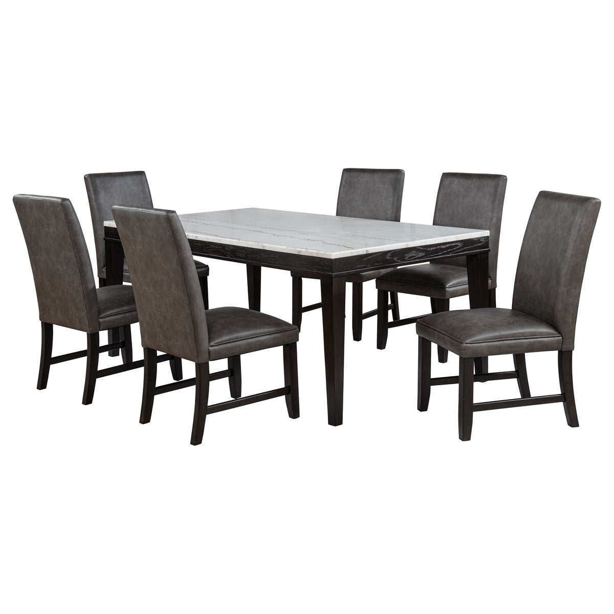 Averill 7-piece Rectangular White Marble Top Dining Set with Dark Grey Chairs Coffee Bean