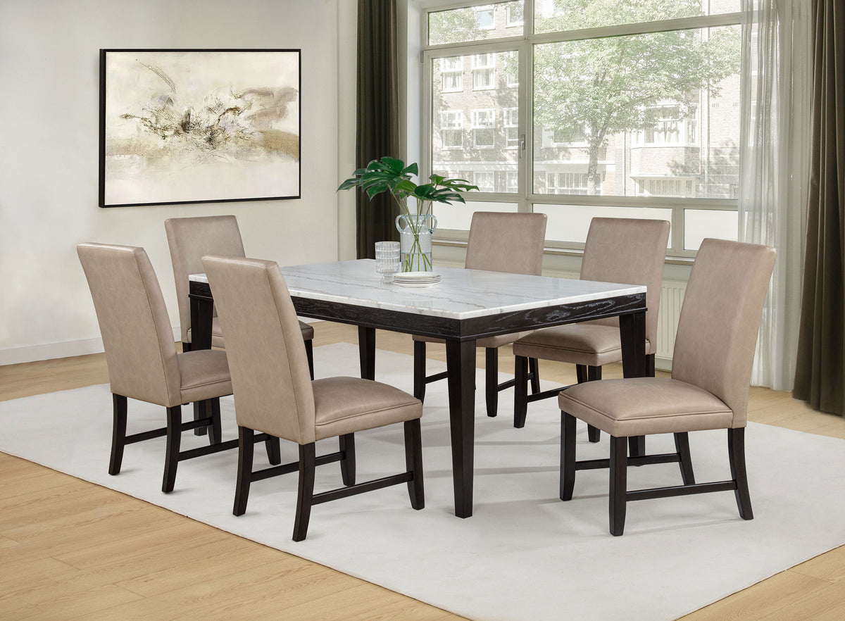 Averill 7-piece Rectangular White Marble Top Dining Set with Tan Chairs Coffee Bean