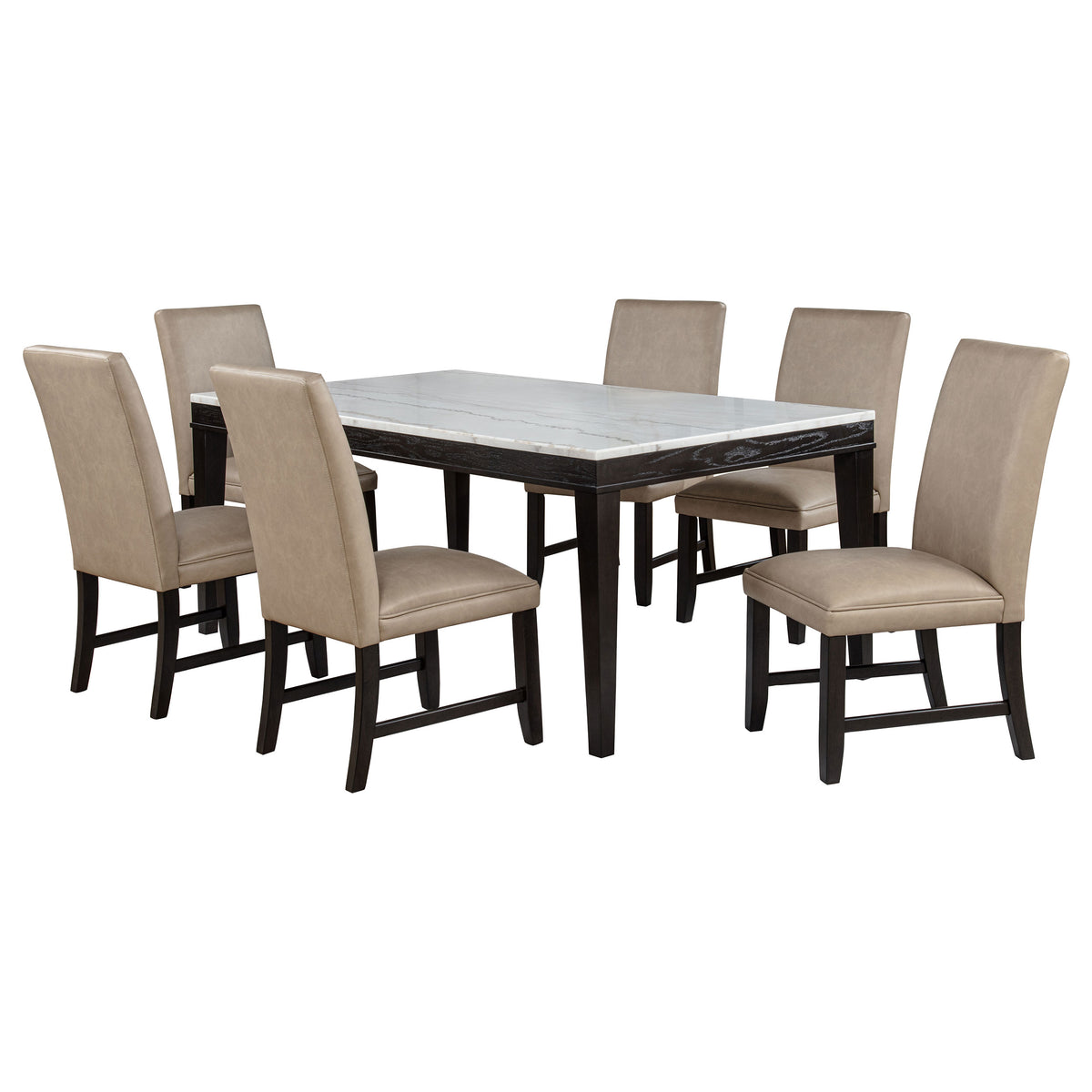 Averill 7-piece Rectangular White Marble Top Dining Set with Tan Chairs Coffee Bean