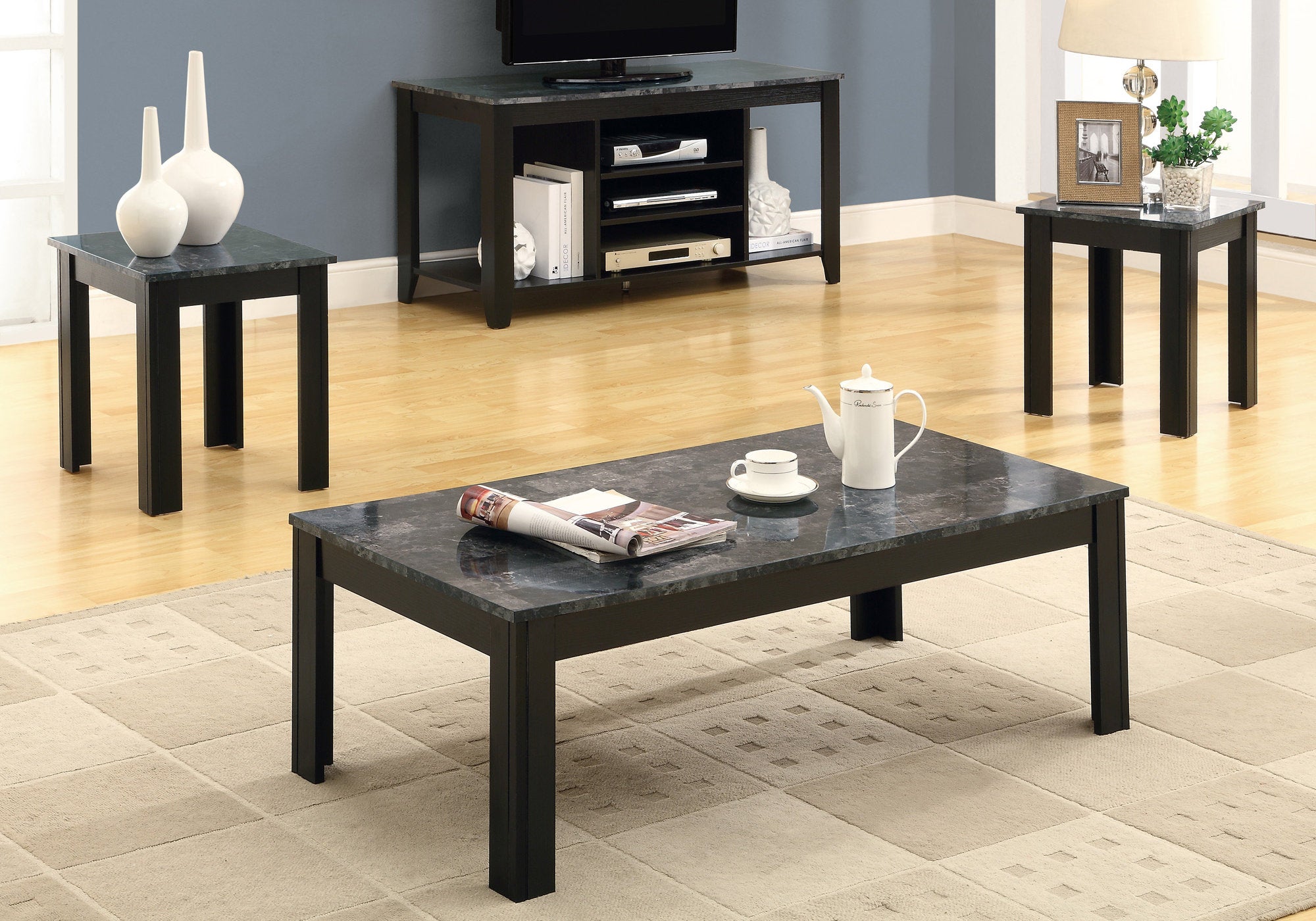 Marble Look 3 pc Cofffee And End Table Occasional Set In Gray Black