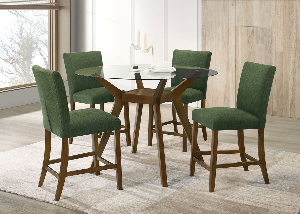 Paxton 5-piece 48-inch Round Glass Top Counter Height Dining Set with Green Chairs Brown