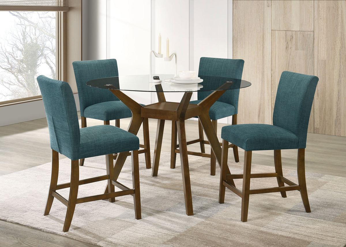 Paxton 5-piece 48-inch Round Glass Top Counter Height Dining Set with Teal Blue Chairs Brown