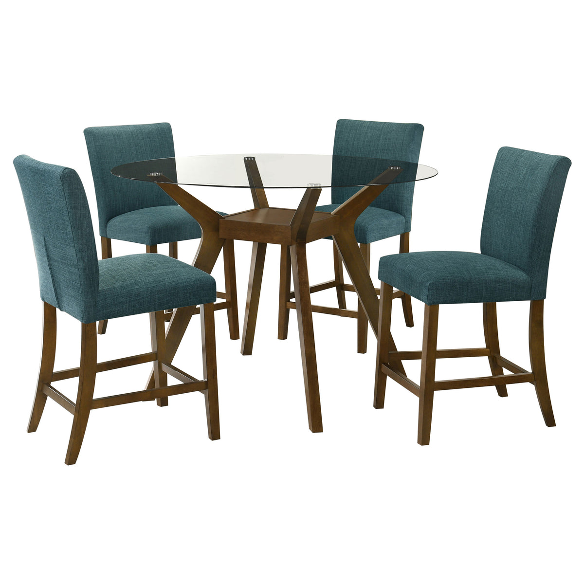 Paxton 5-piece 48-inch Round Glass Top Counter Height Dining Set with Teal Blue Chairs Brown