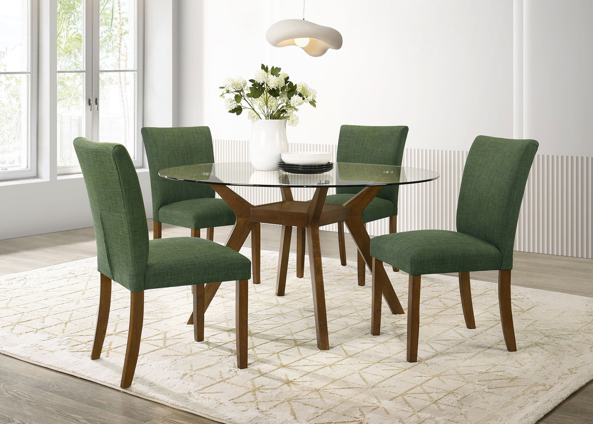Paxton 5-piece Round Glass Top Dining Set with Green Upholstered Chairs Brown