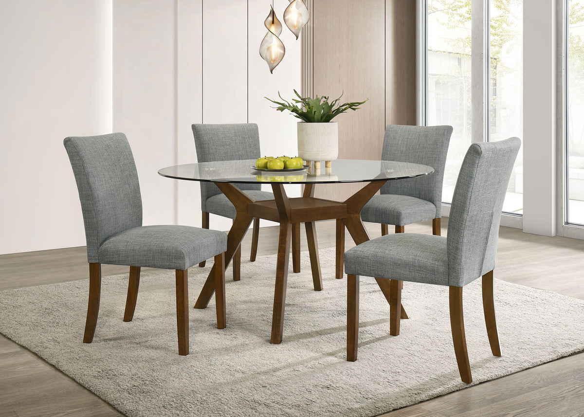 Paxton 5-piece Round Glass Top Dining Set with Grey Upholstered Chairs Brown