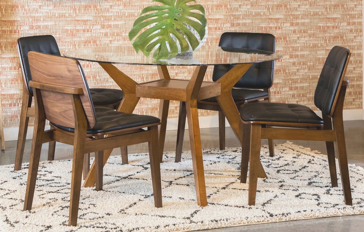 Paxton 5-piece Round Glass Top Dining Set with Black Leatherette Chairs Brown