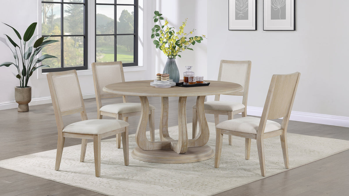 Trofello 5-piece 60-inch Round Pedestal Dining Set White Washed and Beige