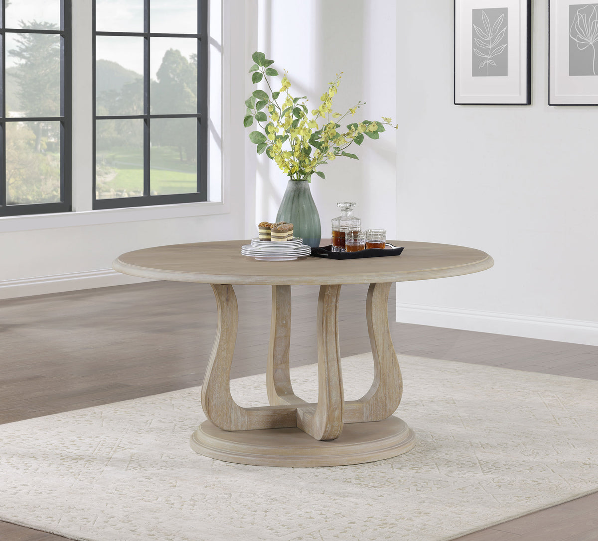 Trofello 60-inch Round Pedestal Dining Table White Washed