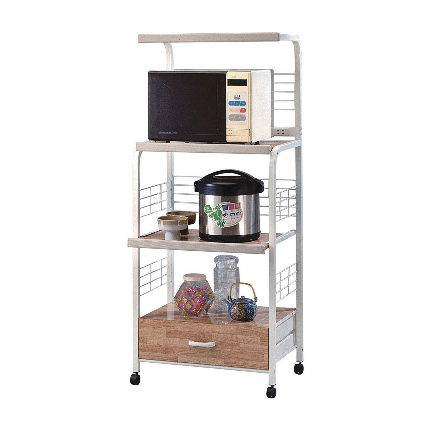 Metal Kitchen Microwave Cart with Drawers On Casters, White and Natural