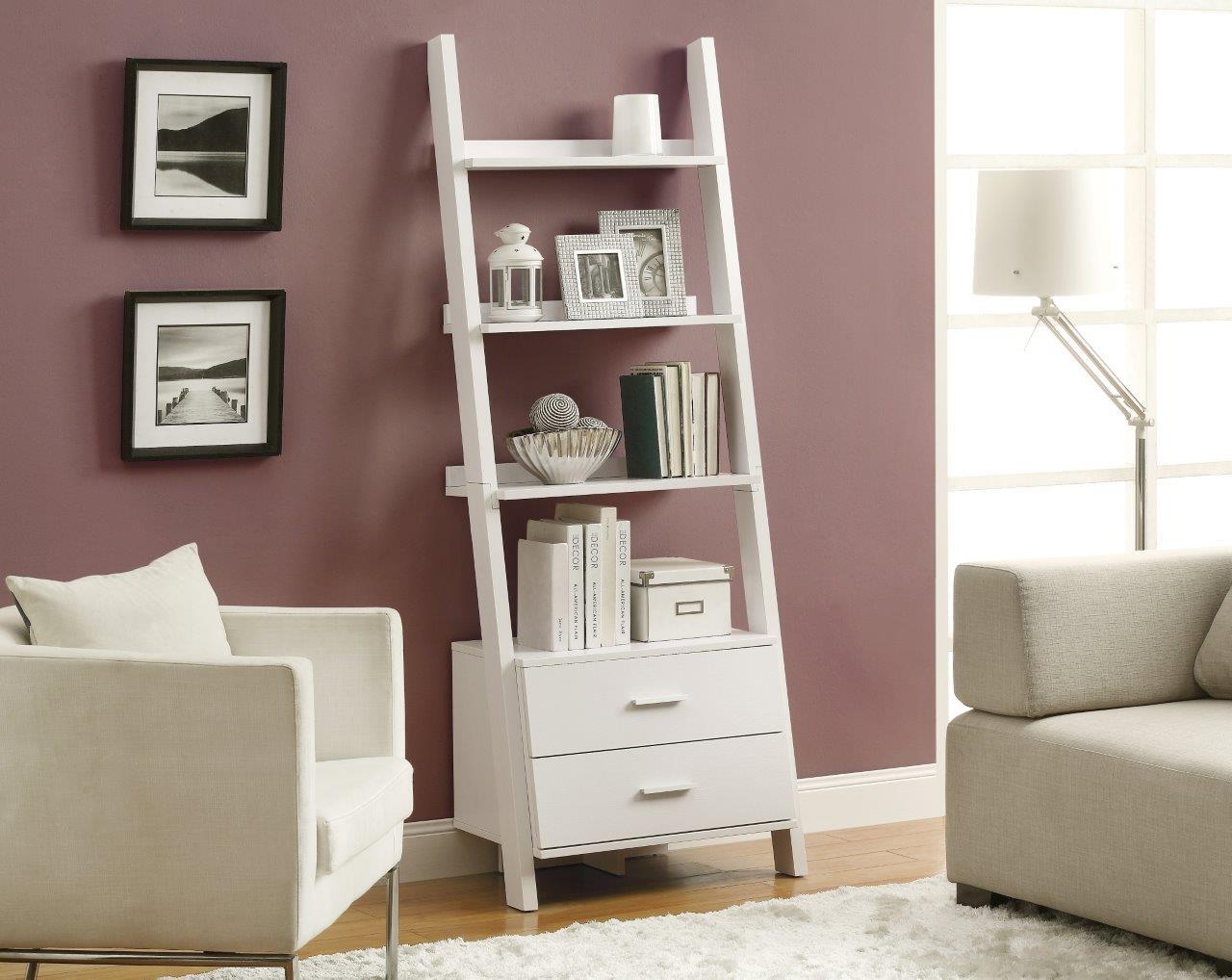 70 in. Ladder Bookcase with 2 Storage Drawers - White