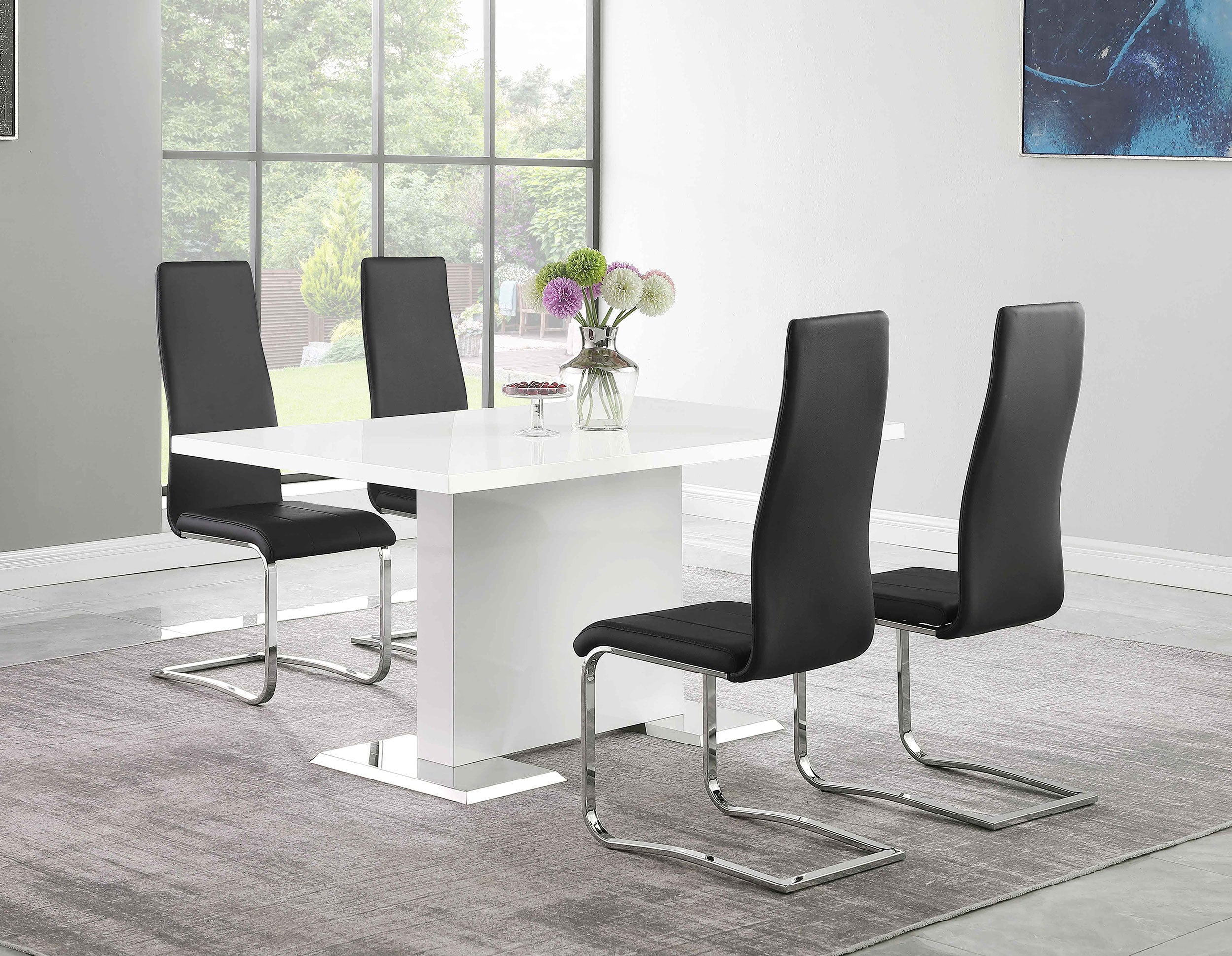 5 PC Contemporary High Gloss White Dining Room Set Black Leatheratte Chairs