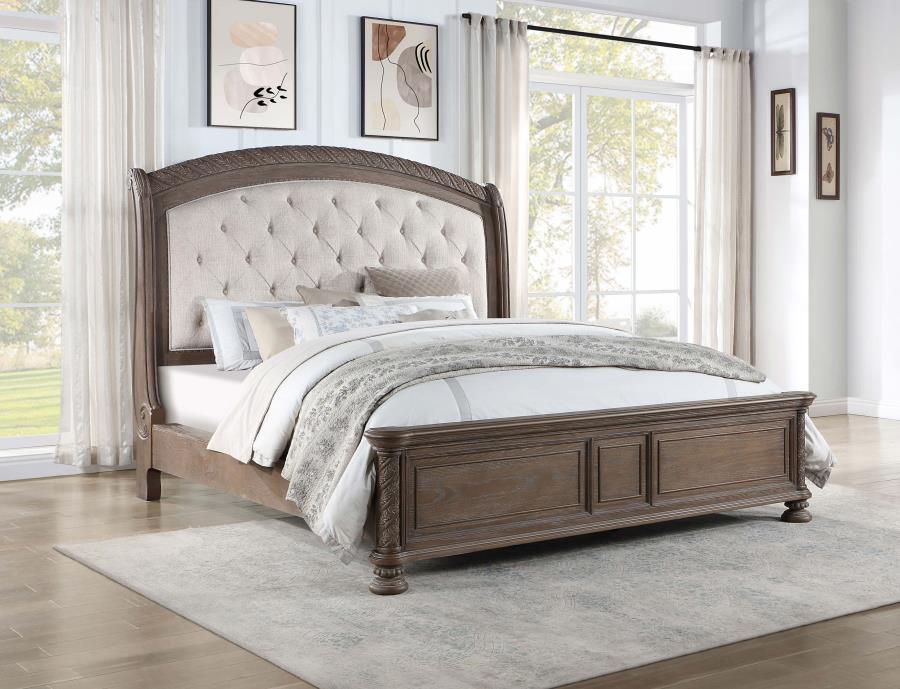 Emmett Tufted Headboard Eastern King Panel Bed Walnut and Beige