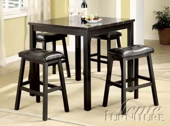 Marble Like Counter Height 5-Piece Dining Table and Stool Set in Black