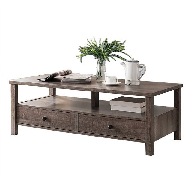Transitional Distressed Grey Coffee Table with Two Drawers And Shelf