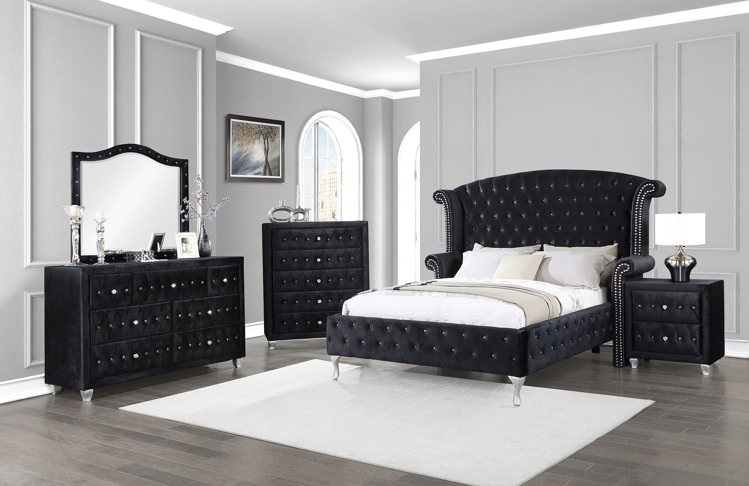 Deanna Eastern King Tufted Velvet Upholstered Bed in Black