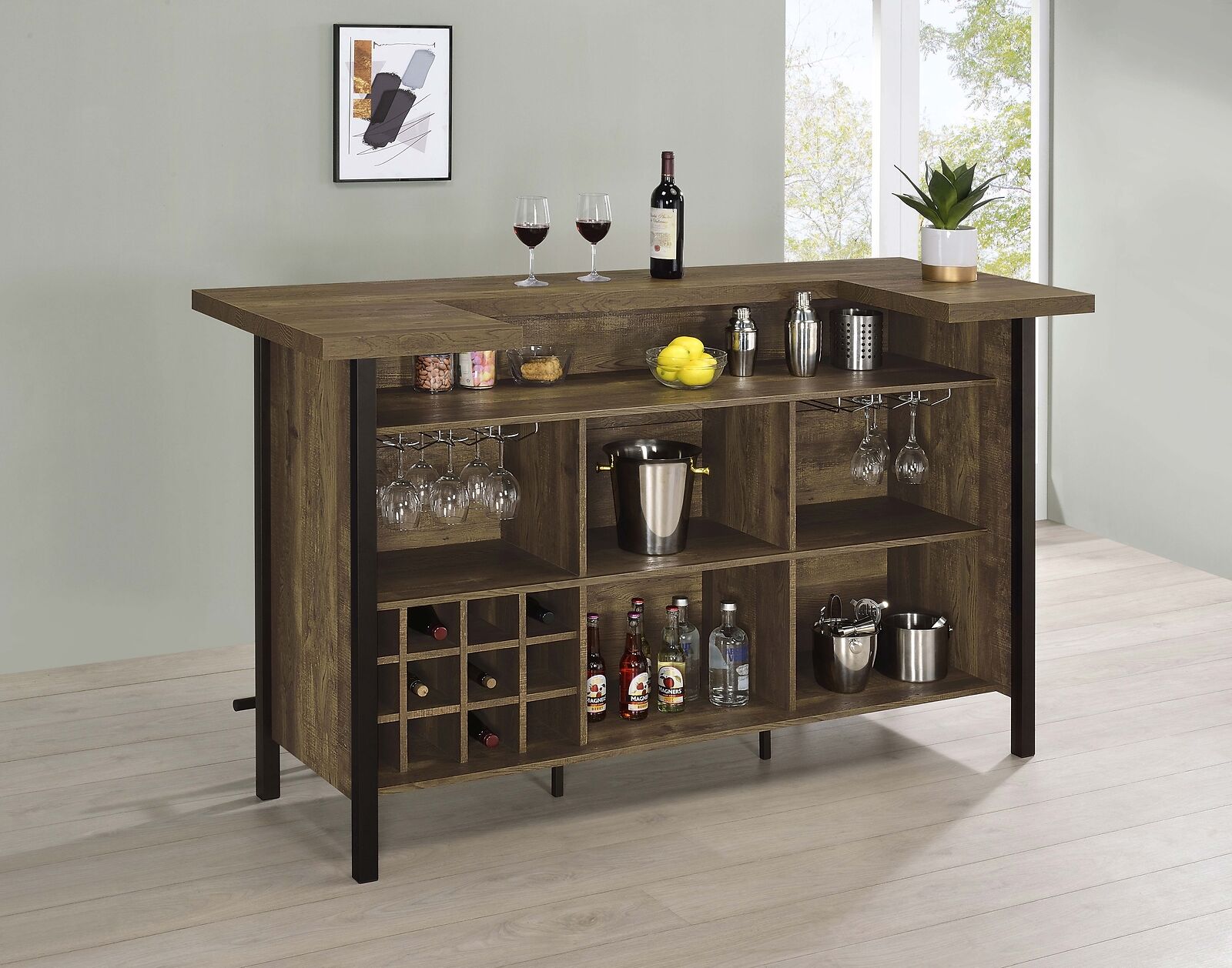 Industrial Style Rectangular Storage Home Bar Unit In Rustic Oak