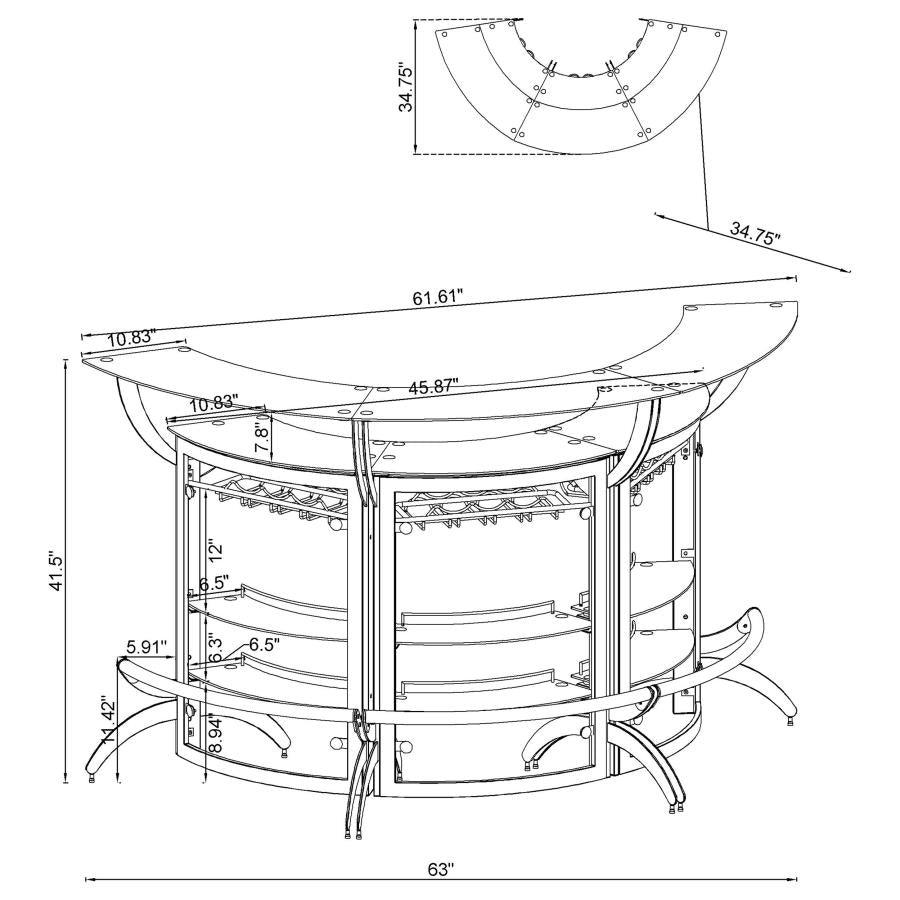 Dallas Contemporary Black 2-Shelf Curved Bar Wine Cabinet Table With Glass Top