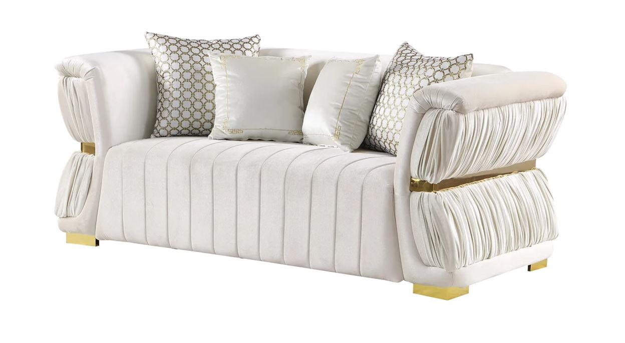 Gemma 2 PC Luxe Glam Velvet White Gold Sofa Loveseat Living Room Set