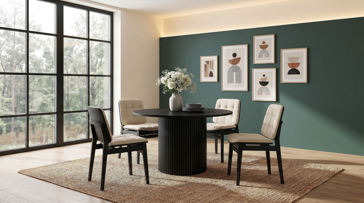Hamlyn 5-piece 47-inch Round Dining Set with Cream Tufted Velvet Chairs Black