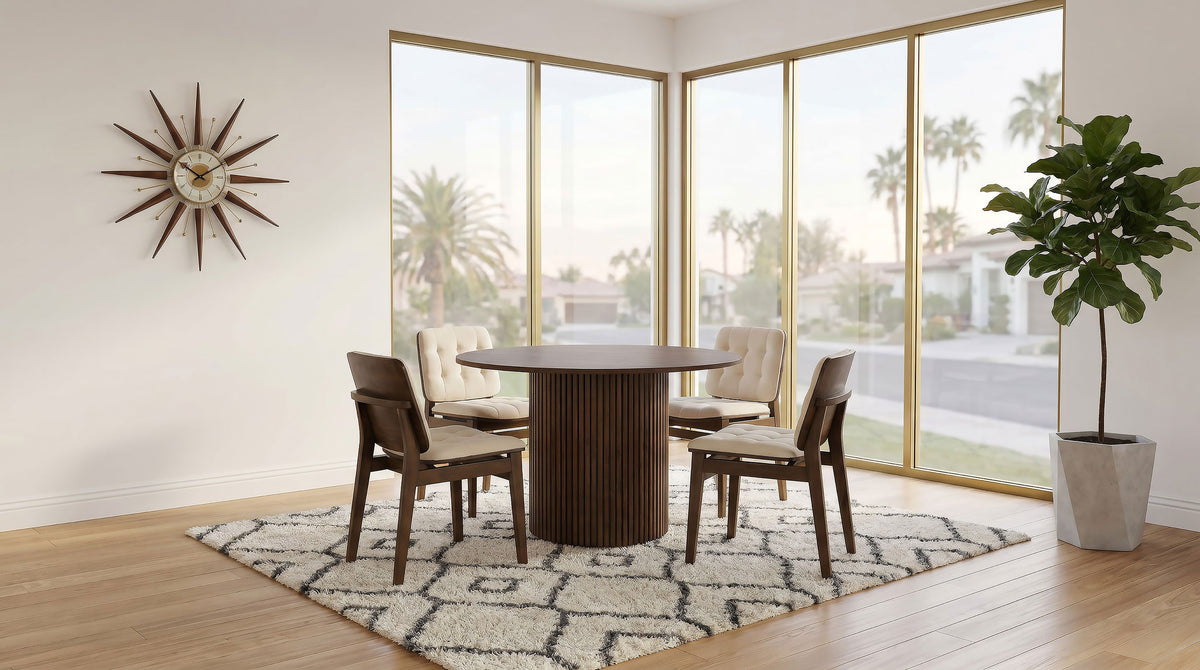 Hamlyn 5-piece 47-inch Round Dining Set with Cream Tufted Velvet Chairs Walnut