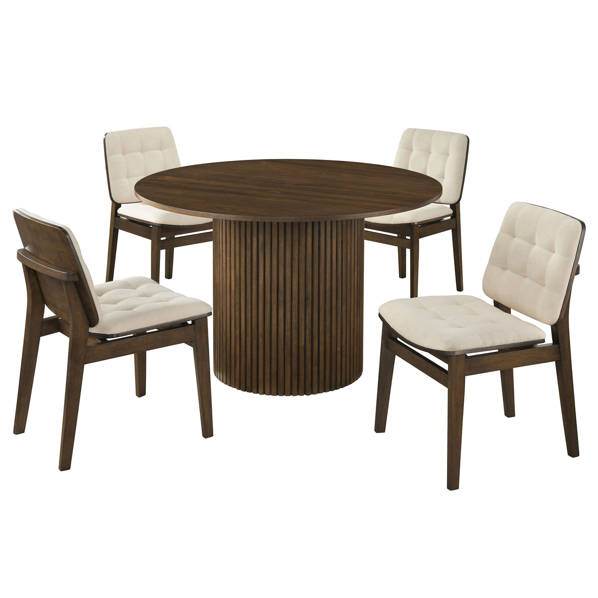 Hamlyn 5-piece 47-inch Round Dining Set with Cream Tufted Velvet Chairs Walnut