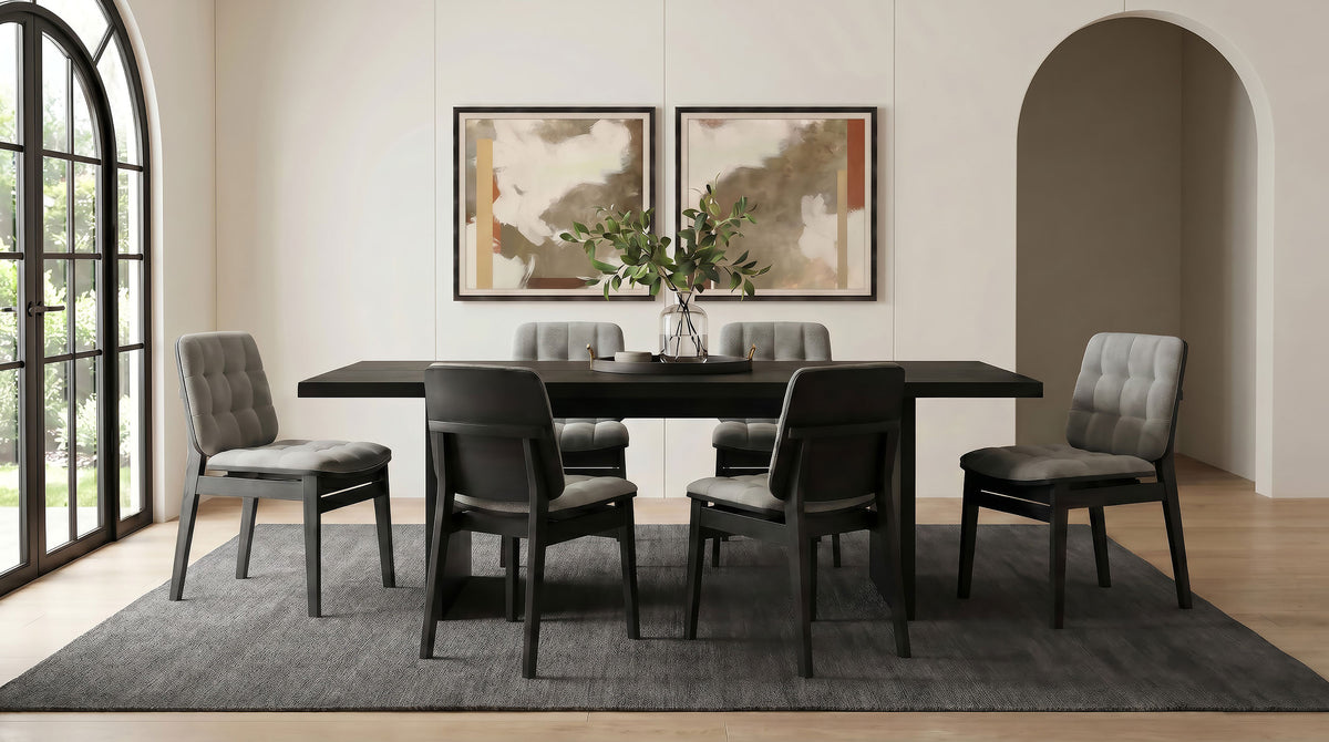 Decker 7-piece 82-inch Rectangular Dining Set with Grey Tufted Velvet Chairs Black