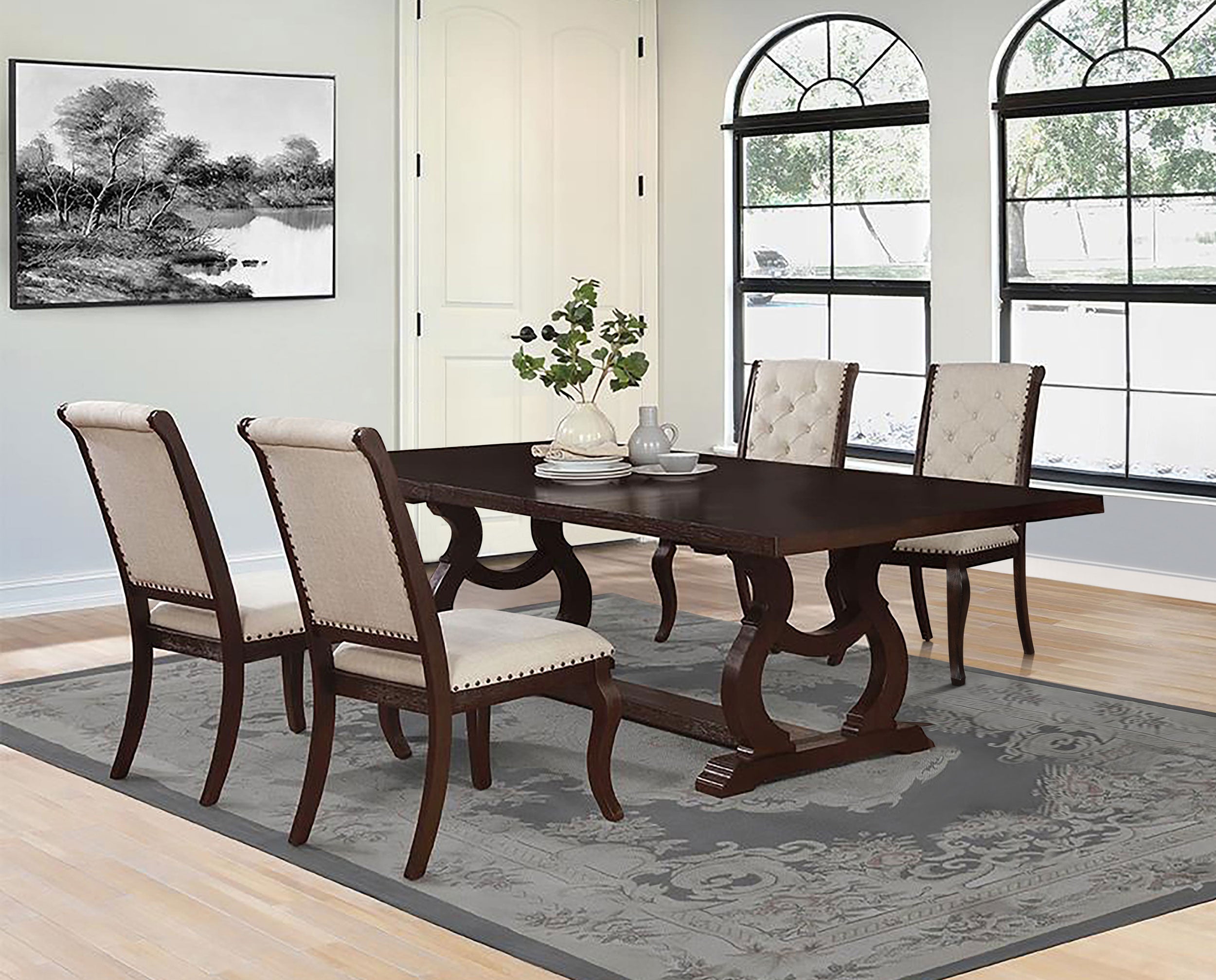 5 PC Brockway Rectangular Trestle Extension Dining Room Table & Chairs Set In Java