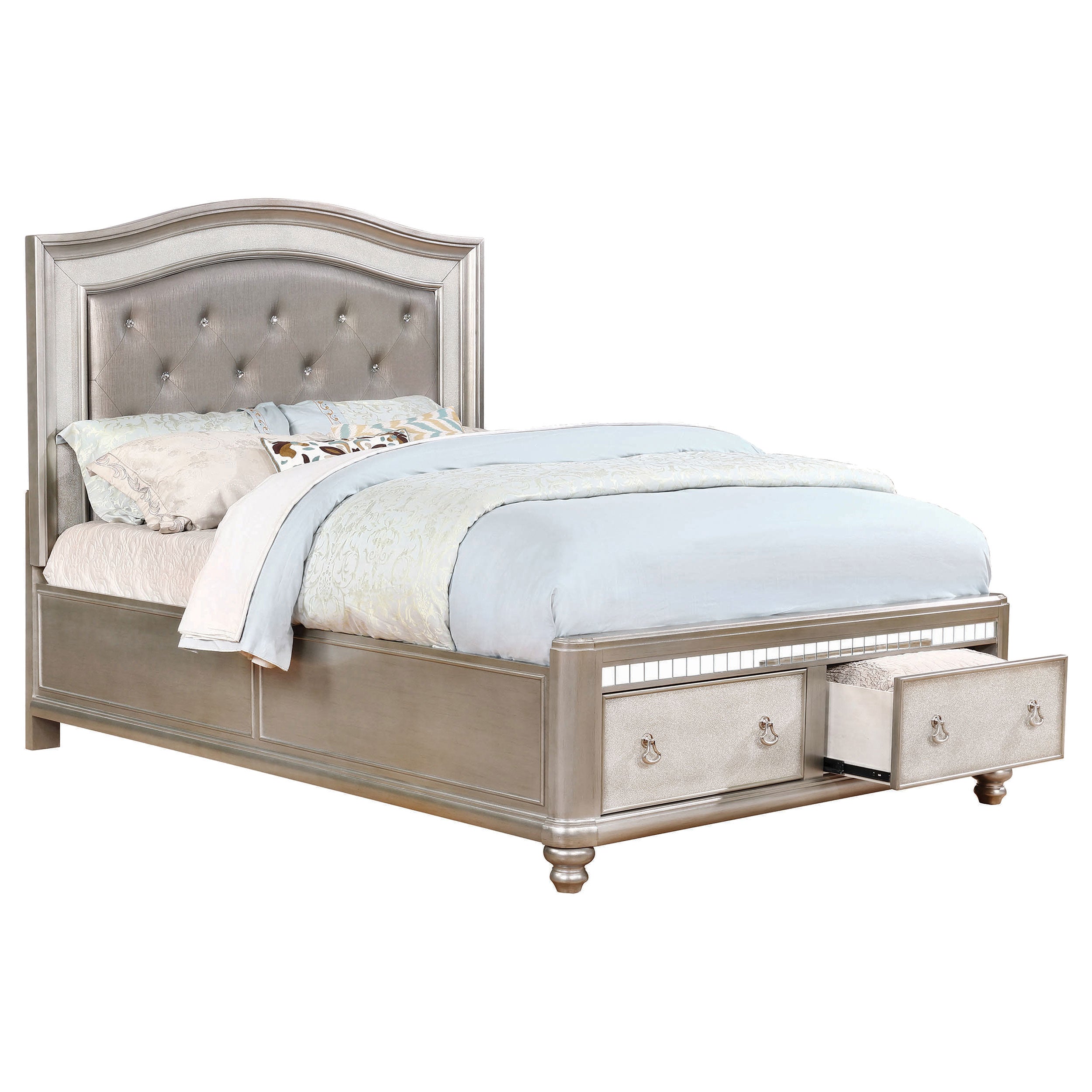 Upholstered Bling Game  Queen Bed With Storage In Metallic Platinum