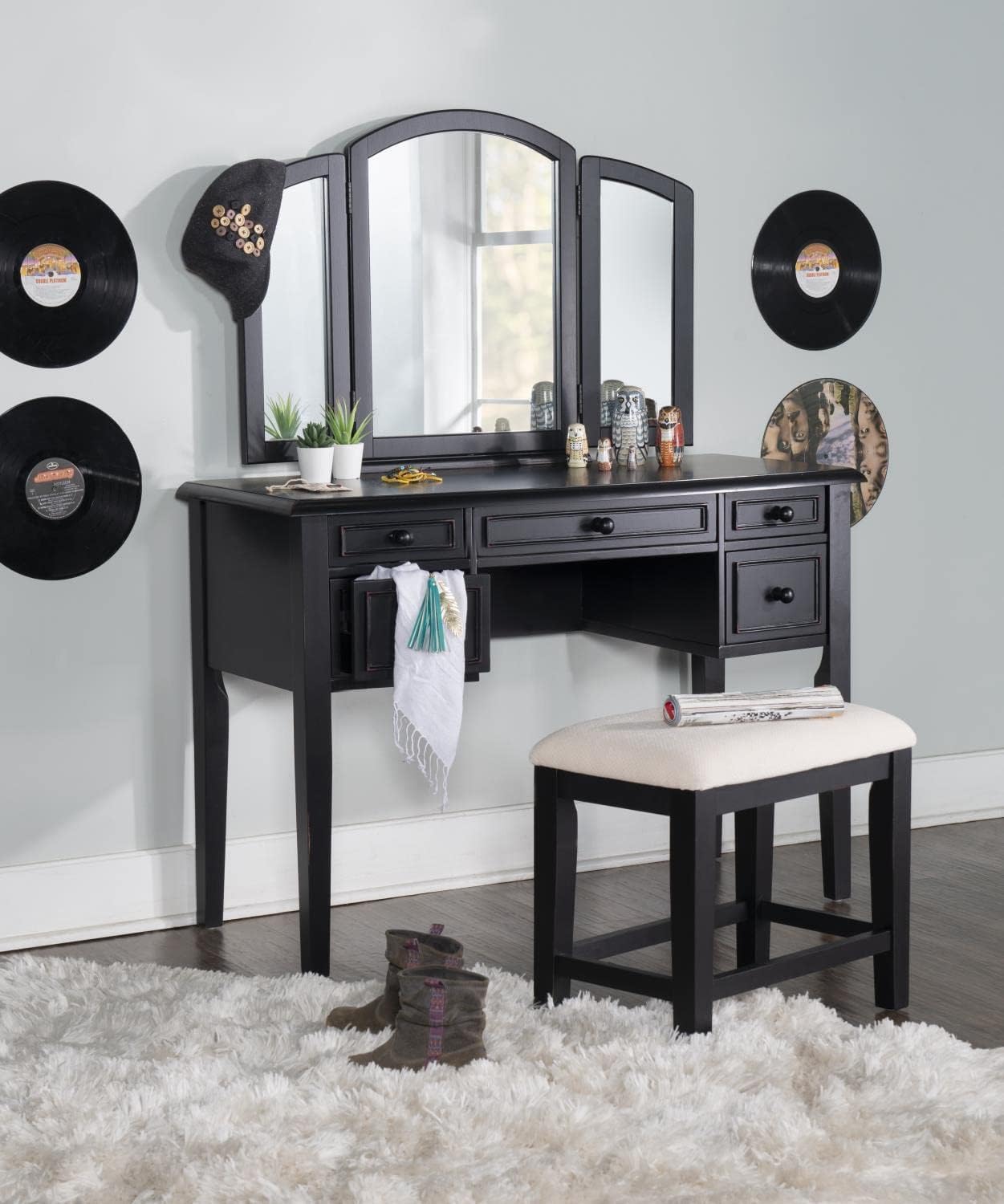 Antique Black With Sand Through Terra Cotta Vanity, Mirror And Bench