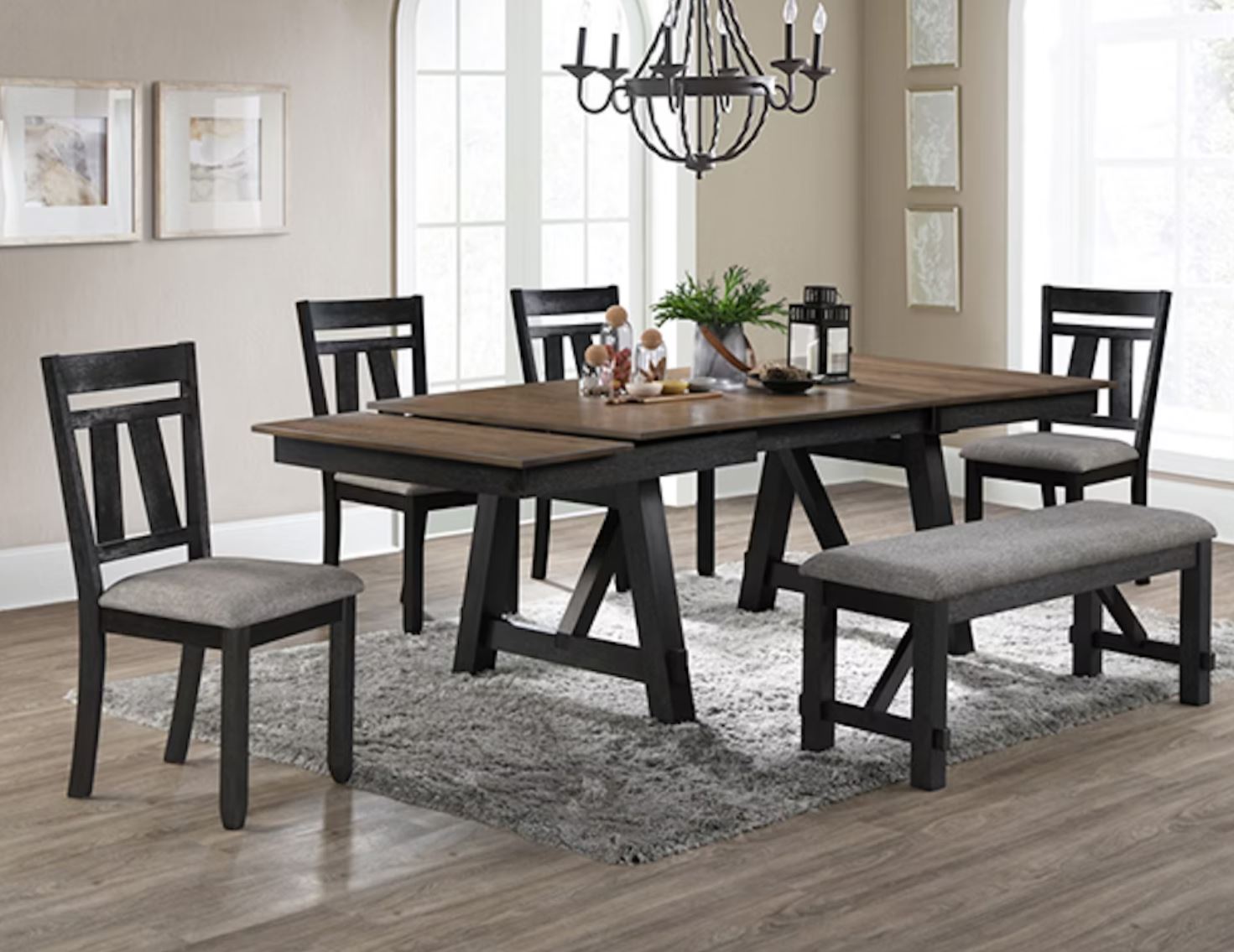 Moderna 6 Pc Rustic 66"-94" Dining Room Table Chairs and Bench Set In Brown/ Charcoal