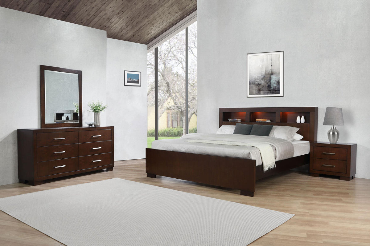 Jessica 4-piece Eastern King Bedroom Set with LED Bookcase Bed Cappuccino