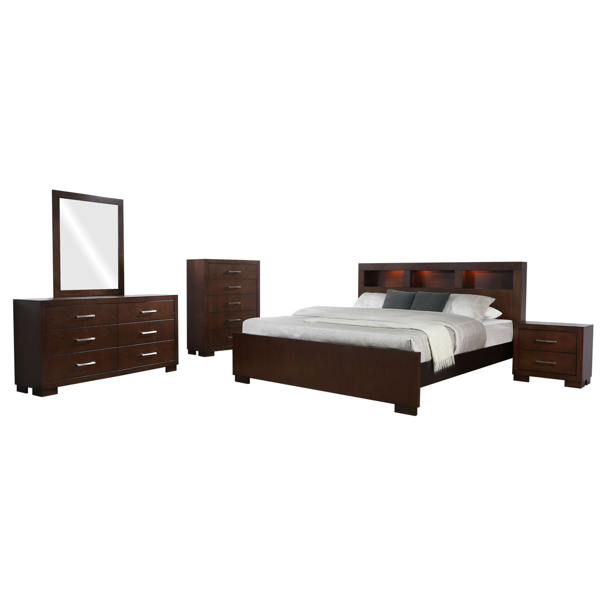 Jessica 5-piece Eastern King Bedroom Set with LED Bookcase Bed Cappuccino