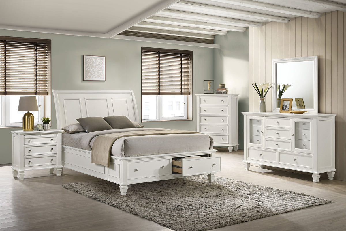 Sandy Beach Wood Storage Panel Bed with Footboard Drawers Queen Cream White