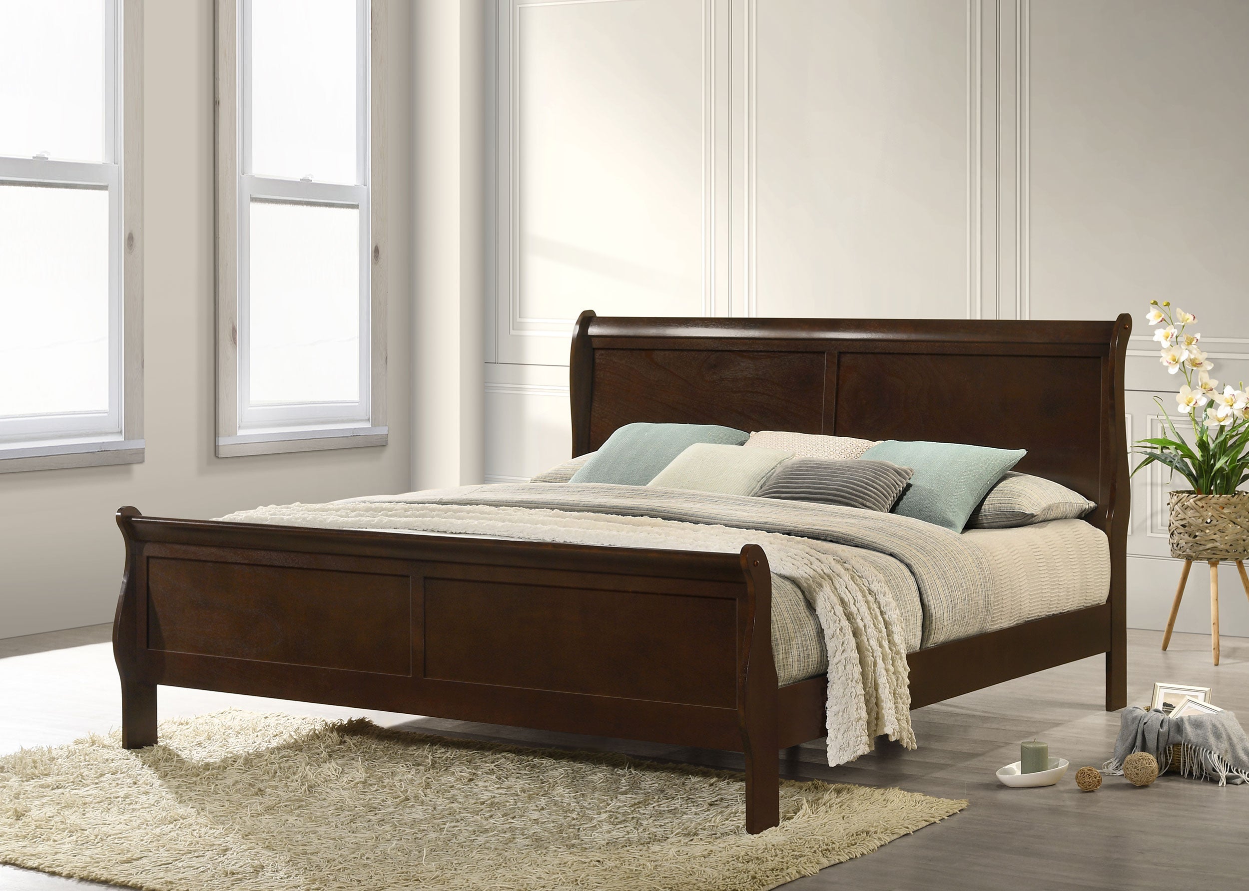 Louis Philippe Wood Sleigh Bed - Eastern King (Cappuccino)