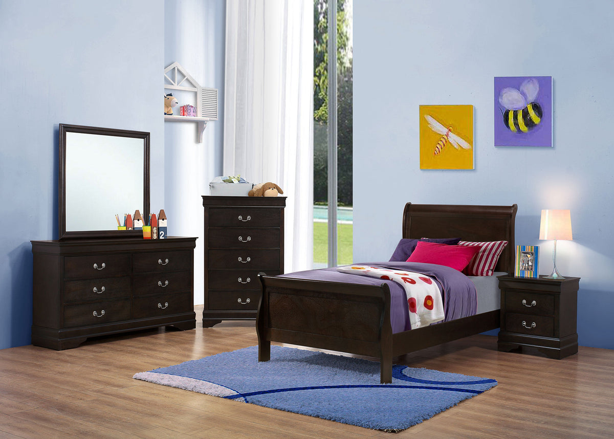 Louis Philippe Wood Sleigh Bed - Twin In Cappuccino