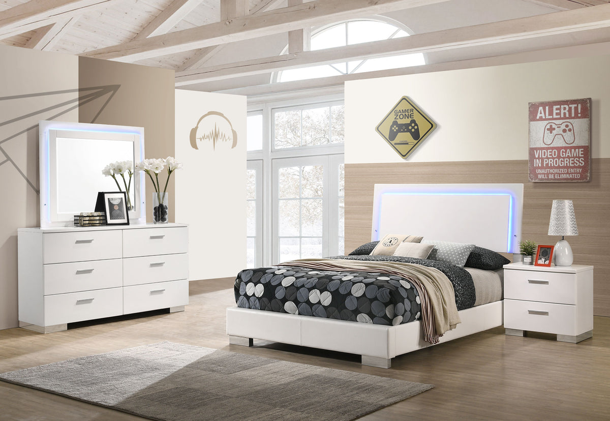Felicity 4-piece Full Bedroom Set with LED Panel Bed and LED Mirror White High Gloss