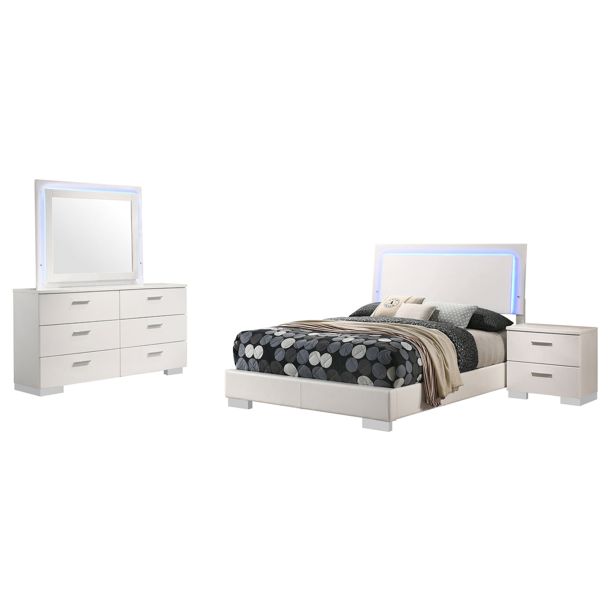 Felicity 4-piece Full Bedroom Set with LED Panel Bed and LED Mirror White High Gloss