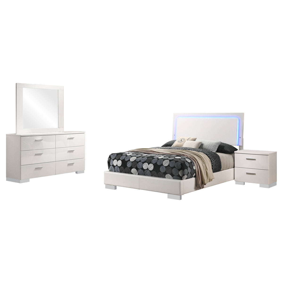 Felicity 4-piece Full Bedroom Set with LED Panel Bed White High Gloss