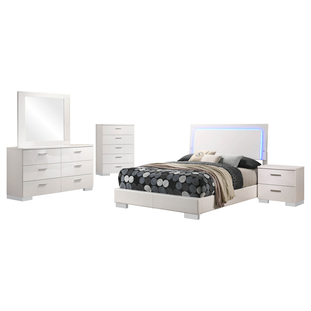 Felicity 5-piece Full Bedroom Set with LED Panel Bed White High Gloss