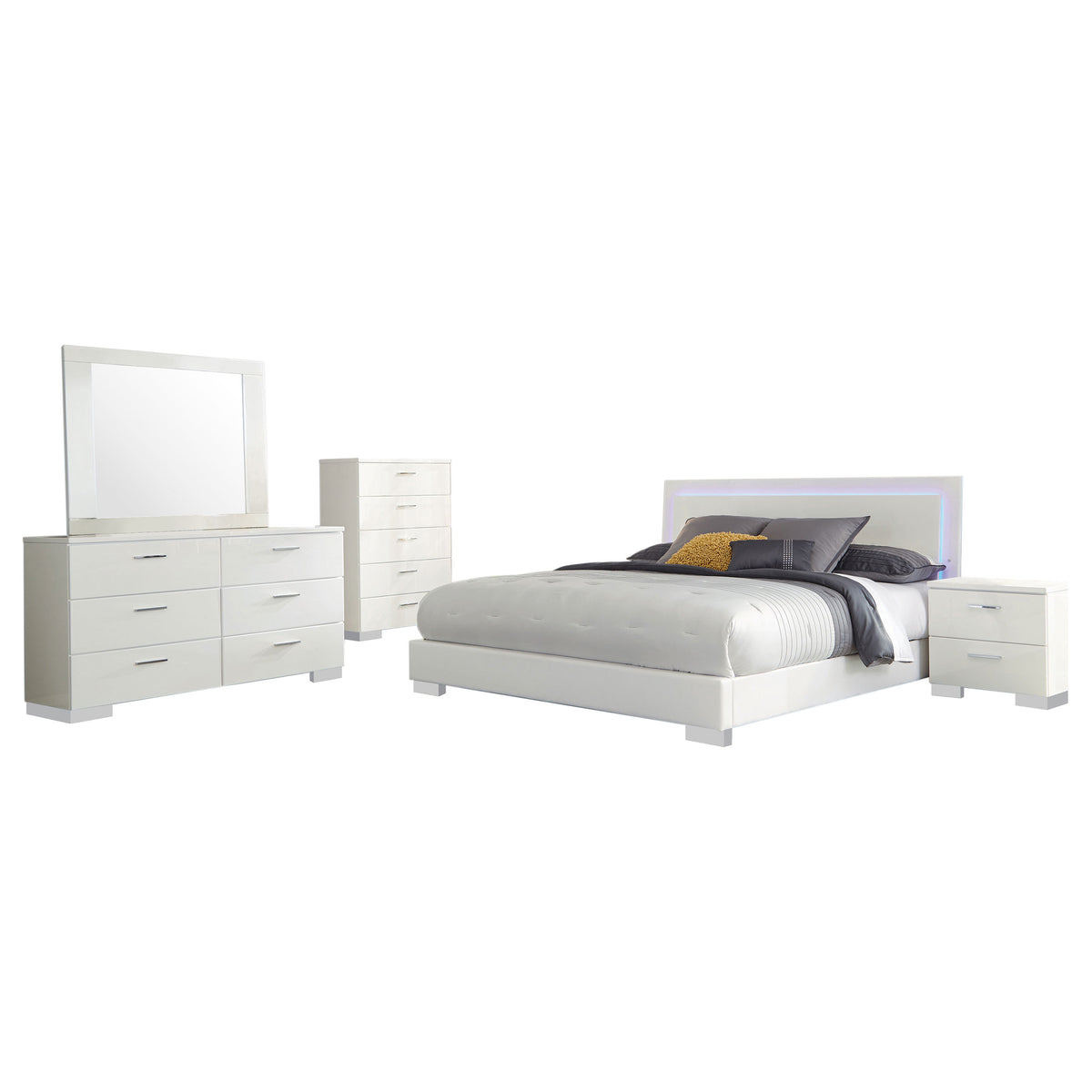 Felicity 5-piece Eastern King Bedroom Set with LED Panel Bed White High Gloss